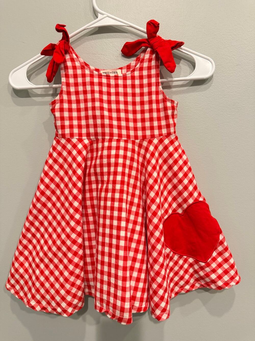 Rylee + Faith Designs Toddler Girl Red Gingham Tie Strap Dress Heart Patch Size3